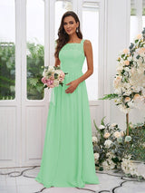 Modern Chiffon Applique Square Sleeveless Bridesmaid Dresses-Dbrbridal