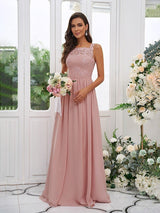 Modern Chiffon Applique Square Sleeveless Bridesmaid Dresses-Dbrbridal