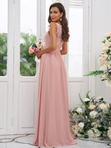 Modern Chiffon Applique Square Sleeveless Bridesmaid Dresses-Dbrbridal