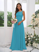 Modern Chiffon Applique Square Sleeveless Bridesmaid Dresses-Dbrbridal