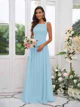 Modern Chiffon Applique Square Sleeveless Bridesmaid Dresses-Dbrbridal