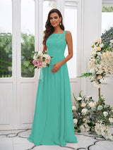 Modern Chiffon Applique Square Sleeveless Bridesmaid Dresses-Dbrbridal
