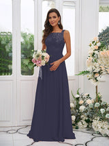 Modern Chiffon Applique Square Sleeveless Bridesmaid Dresses-Dbrbridal
