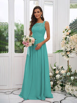 Modern Chiffon Applique Square Sleeveless Bridesmaid Dresses-Dbrbridal