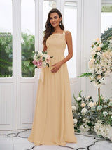 Modern Chiffon Applique Square Sleeveless Bridesmaid Dresses-Dbrbridal