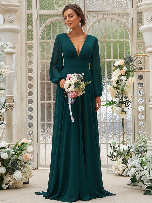 Modern Chiffon Ruffles V-neck Long Sleeves Bridesmaid Dresses Dbrbridal Modern Chiffon Ruffles V-neck Long Sleeves Bridesmaid Dresses Dbrbridal