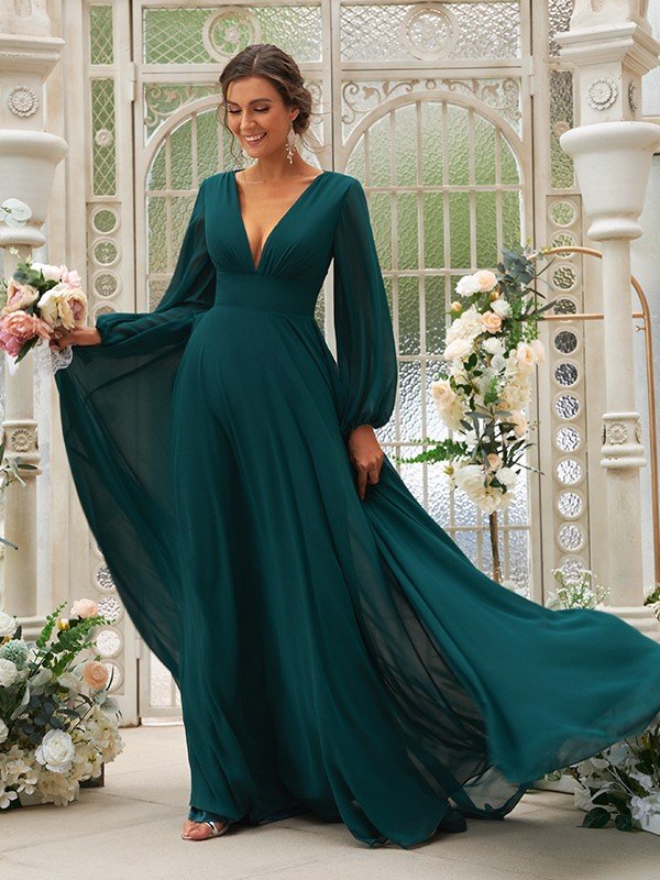 Modern Chiffon Ruffles V-neck Long Sleeves Bridesmaid Dresses Dbrbridal Modern Chiffon Ruffles V-neck Long Sleeves Bridesmaid Dresses Dbrbridal