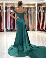 Modern Dark Green Off-the-shoulder Slit Mermaid Prom Dresses-Dbrbridal