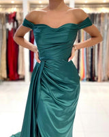 Modern Dark Green Off-the-shoulder Slit Mermaid Prom Dresses-Dbrbridal