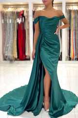 Modern Dark Green Off-the-shoulder Slit Mermaid Prom Dresses-Dbrbridal