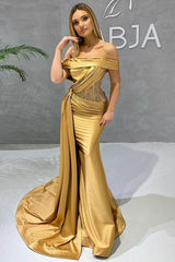 Modern Gold Mermaid Prom Dress Appliques With Ruffles Off-the-Shoulder-Dbrbridal