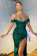 Modern High-split Dark Green Sparkle beaded Mermaid Prom Dress Off-the-shoulder-Dbrbridal
