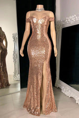 Modern Off-the-Shoulder Mermaid Prom Dresses Sequins Long Slit Online-Dbrbridal