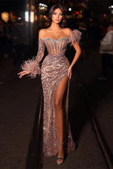 Modern Off-the-Shoulder Sequins Prom Dresses Dusty Pink Mermaid With Feather-Dbrbridal