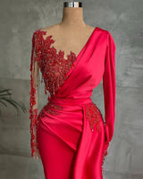 Modern Red Mermaid Evening Dress Lace Appliques Prom Gown Ruffles Long Sleeve-Dbrbridal