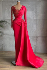 Modern Red Mermaid Evening Dress Lace Appliques Prom Gown Ruffles Long Sleeve-Dbrbridal