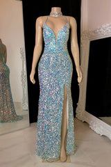 Modern Spaghetti-Straps Sequins Prom Dresses Mermaid Sleeveless With Slit-Dbrbridal