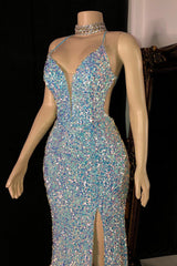 Modern Spaghetti-Straps Sequins Prom Dresses Mermaid Sleeveless With Slit-Dbrbridal