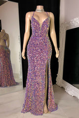 Modern Spaghetti-Straps Sequins Prom Dresses Mermaid Sleeveless With Slit-Dbrbridal