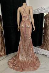 Modern V-Neck Sleeveless Prom Dress Mermaid Sequins With Split-Dbrbridal