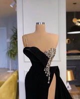 Modest Black Split Front One Shoulder Prom Dress With Beading-Dbrbridal