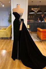 Modest Black Split Front One Shoulder Prom Dress With Beading-Dbrbridal
