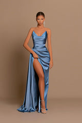 Modest Dusty Blue Sweetheart Prom Dresses Mermaid Slit Long On Sale-Dbrbridal