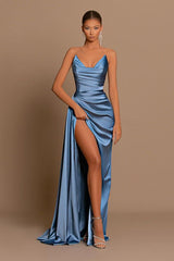 Modest Dusty Blue Sweetheart Prom Dresses Mermaid Slit Long On Sale-Dbrbridal