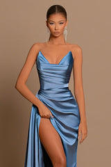 Modest Dusty Blue Sweetheart Prom Dresses Mermaid Slit Long On Sale-Dbrbridal