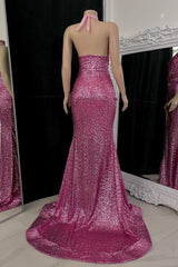 Modest Halter Pink Prom Dresses Sequins Sleeveless Long With Split-Dbrbridal