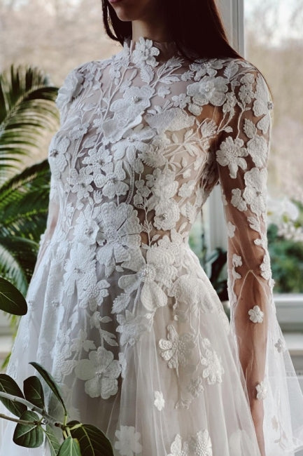 Modest High Collar Long Sleeves A-Line Lace Wedding Dresses with Chape – Dbrbridal