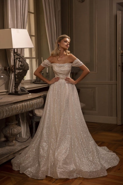 Modest Long A-line Off-the-shoulder Glitter Sleeveless Wedding Dresses Dbrbridal Modest Long A-line Off-the-shoulder Glitter Sleeveless Wedding Dresses Dbrbridal