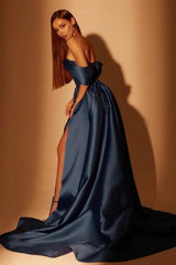 Modest Long Navy Blue A-line Off-the-shoulder Evening Prom Dresseses With Split Online-Dbrbridal