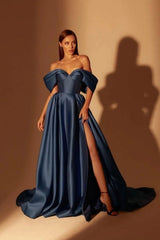 Modest Long Navy Blue A-line Off-the-shoulder Evening Prom Dresseses With Split Online-Dbrbridal