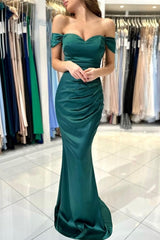 Modest Modest Long Dark Green Off-the-shoulder Mermaid Sleeveless Evening Gown-Dbrbridal