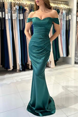 Modest Modest Long Dark Green Off-the-shoulder Mermaid Sleeveless Evening Gown-Dbrbridal