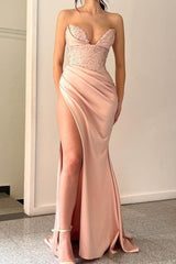 Modest Peach V-neck Mermaid Long Modest Evening Prom Dresseses With Split Online-Dbrbridal