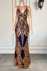 Modest Spaghetti-Straps Sequins Mermaid Prom Dresses Long V-Neck-Dbrbridal