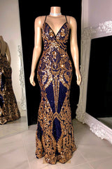 Modest Spaghetti-Straps Sequins Mermaid Prom Dresses Long V-Neck-Dbrbridal