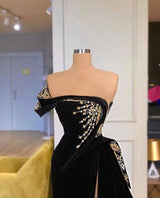Modest Strapless Split Front A-line Prom Dress With Beading-Dbrbridal