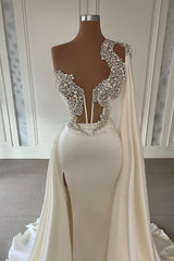 Modest White A-line One Shoulder Long Glitter Evening Prom Dresseses With Split Online-Dbrbridal