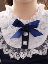 Navy Blue Designed Neckline Tulle Long Sleeves Short A-Line Bows Kids Party Dresses-Dbrbridal