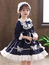 Navy Blue Designed Neckline Tulle Long Sleeves Short A-Line Bows Kids Party Dresses-Dbrbridal