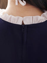 Navy Blue Designed Neckline Tulle Long Sleeves Short A-Line Bows Kids Party Dresses-Dbrbridal