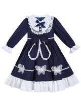 Navy Blue Designed Neckline Tulle Long Sleeves Short A-Line Bows Kids Party Dresses-Dbrbridal