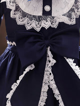 Navy Blue Designed Neckline Tulle Long Sleeves Short A-Line Bows Kids Party Dresses-Dbrbridal