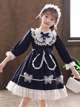 Navy Blue Designed Neckline Tulle Long Sleeves Short A-Line Bows Kids Party Dresses-Dbrbridal