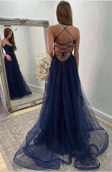 Navy Blue Halter Front Slit Spaghetti Straps A-Line Tulle Prom Dress-Dbrbridal