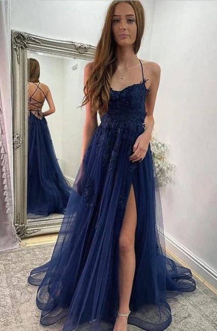 Navy Blue Halter Front Slit Spaghetti Straps A-Line Tulle Prom Dress – Dbrbridal