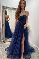 Navy Blue Halter Front Slit Spaghetti Straps A-Line Tulle Prom Dress-Dbrbridal